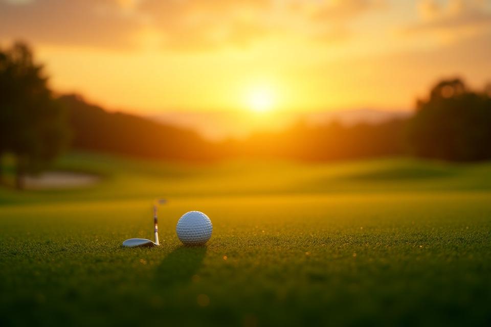 日本の美しいゴルフコースを背景にしたゴルフボールとクラブの夕焼けショット